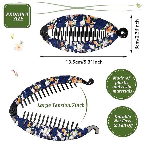 9 Pieces Banana Hair Clip Floral Clincher Hair Claws Bohemia Style Wrapped Cloth - Picture 2 of 6